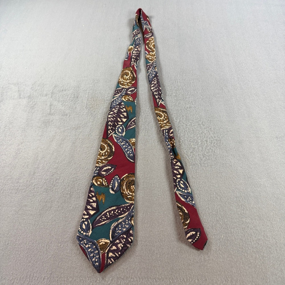 Cavalier Mens Silk Tie Burgundy Teal Gold Abstract Botanical Made in USA Vintage